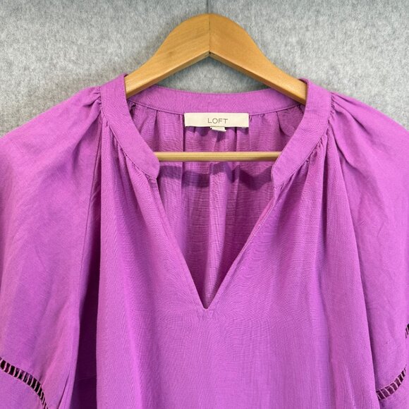 LOFT Purple Cutout Linen Blend Pocket Dress Tunic Womens Medium 3/4 Puff Sleeve - Picture 2 of 16